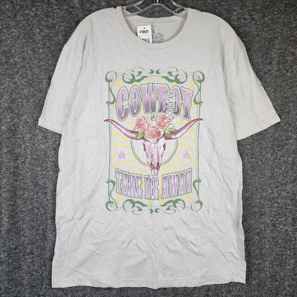 Goodie Two Sleeves Graphic T-Shirt Womens Large Gray Cowboy Take Me Away NWT